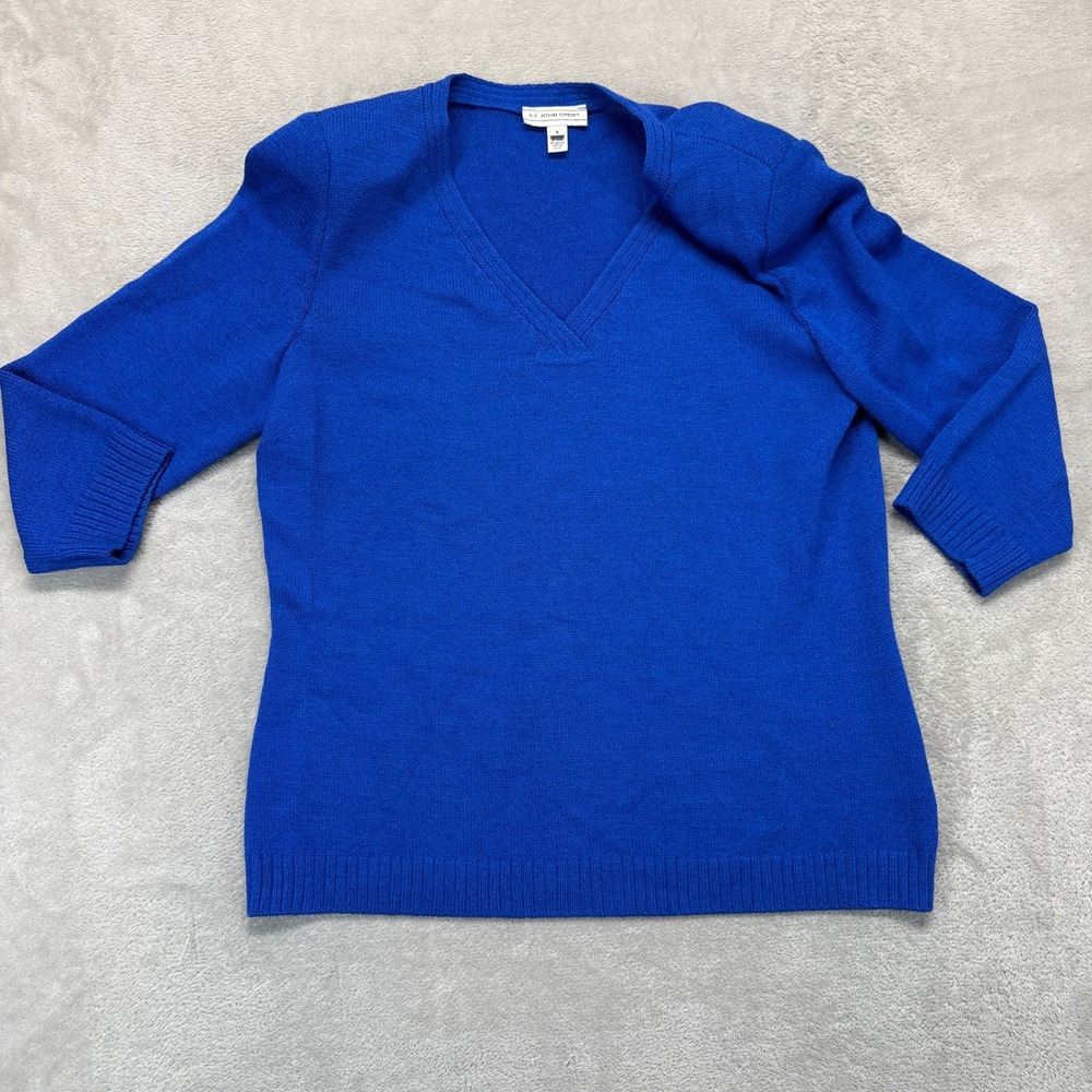 Vintage St John Sport Sweater Women Small Blue V-Neck 3/4 Sleeve Wool Blend Knit